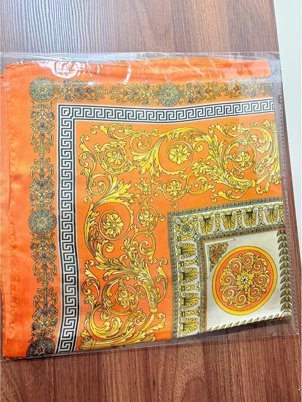 Elegant Orange Scarf with Golden Baroque and Greek Key Pattern